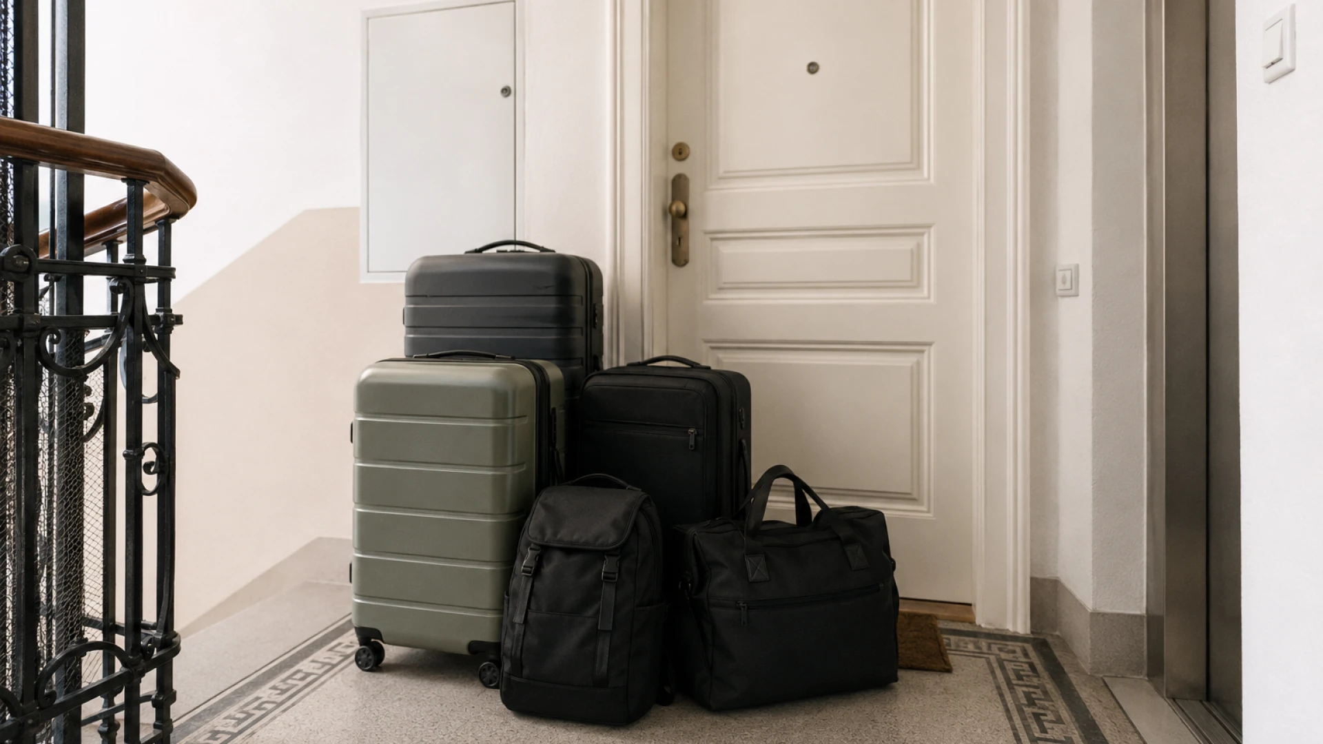 Koffer vor der verschlossenen Wohnungstür nach der Rückkehr aus dem Urlaub