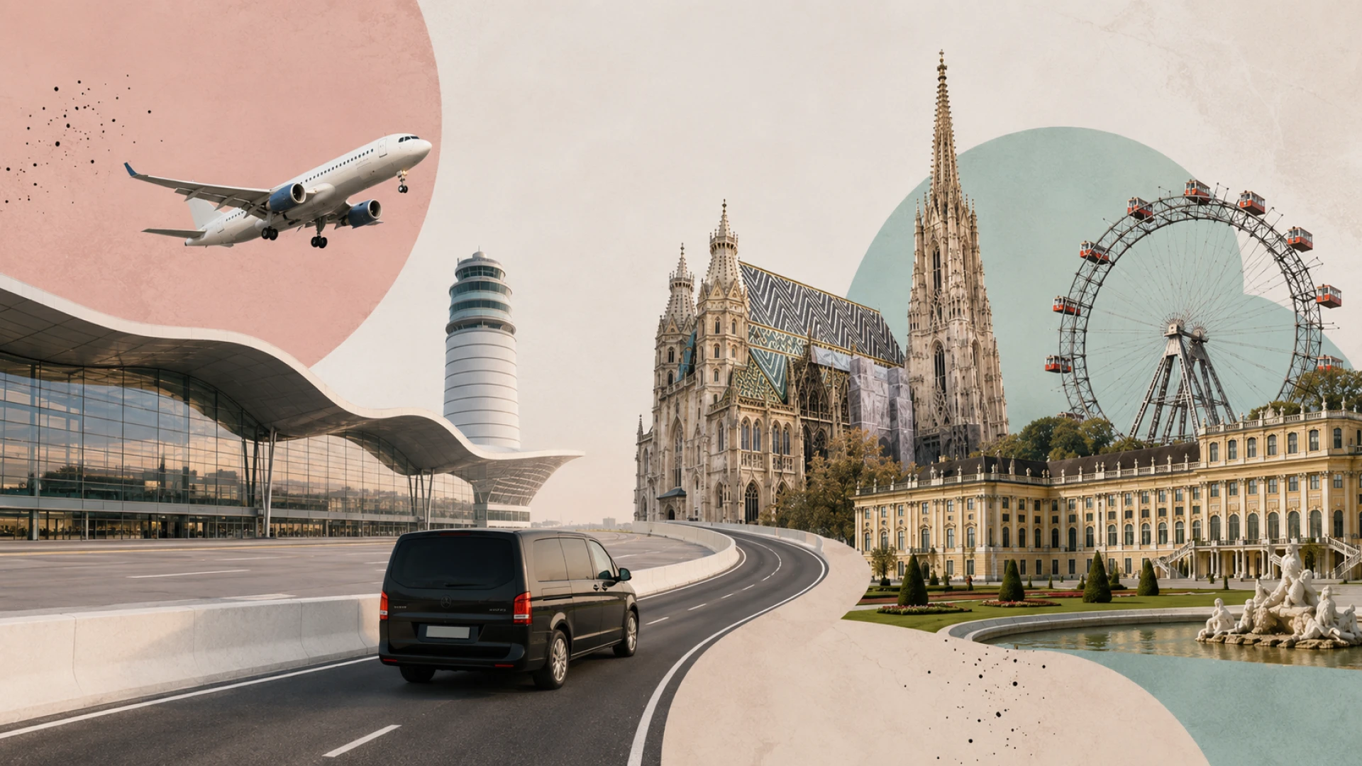 Collage aus Flughafen Wien, Flughafentaxi und Wiener Sehenswürdigkeiten